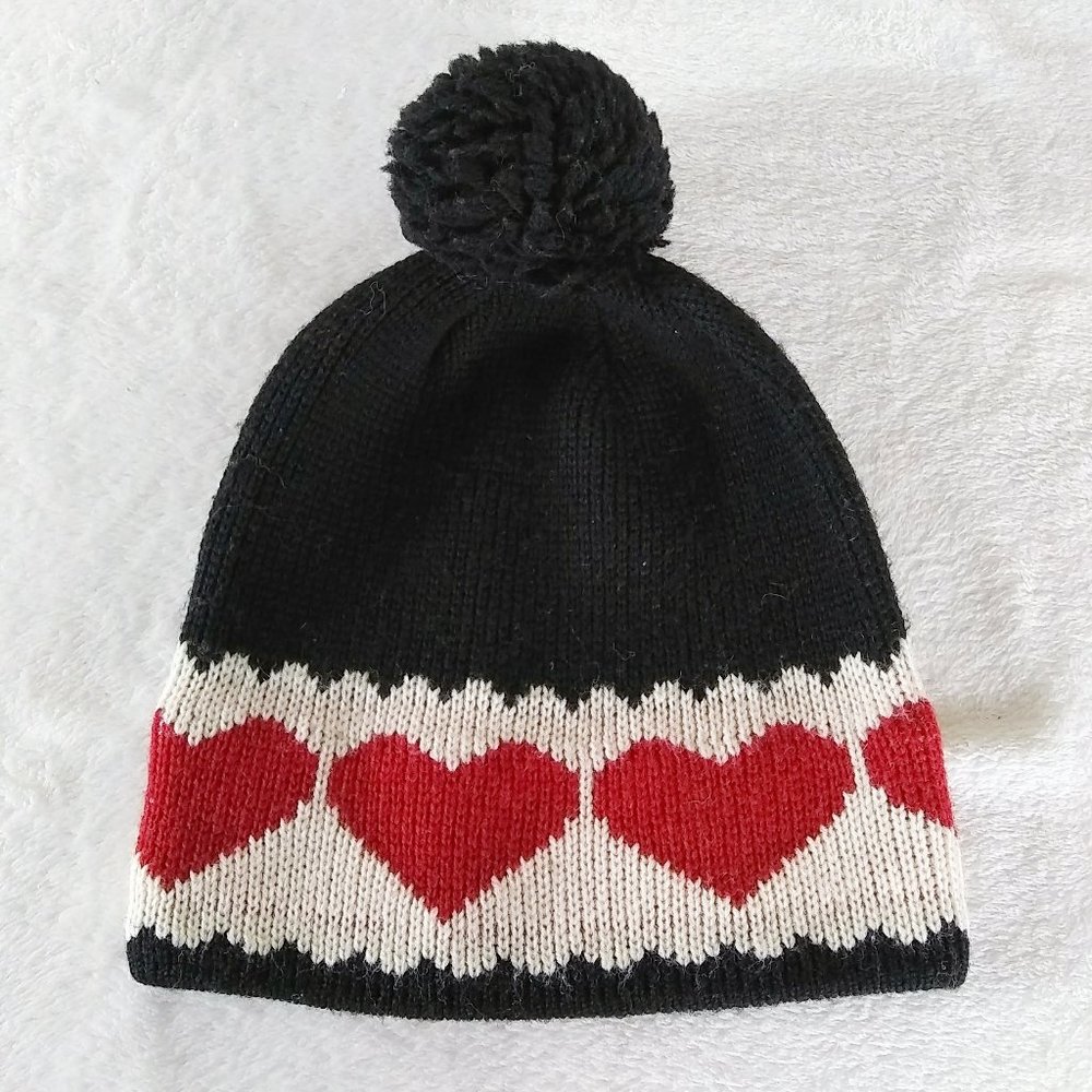 Vintage Wool Blend Heart Motif Hat Beanie Pompom